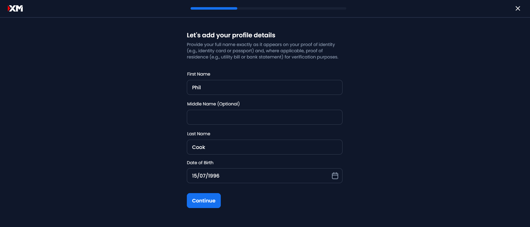 XM profile details form with first name, last name and date of birth fields